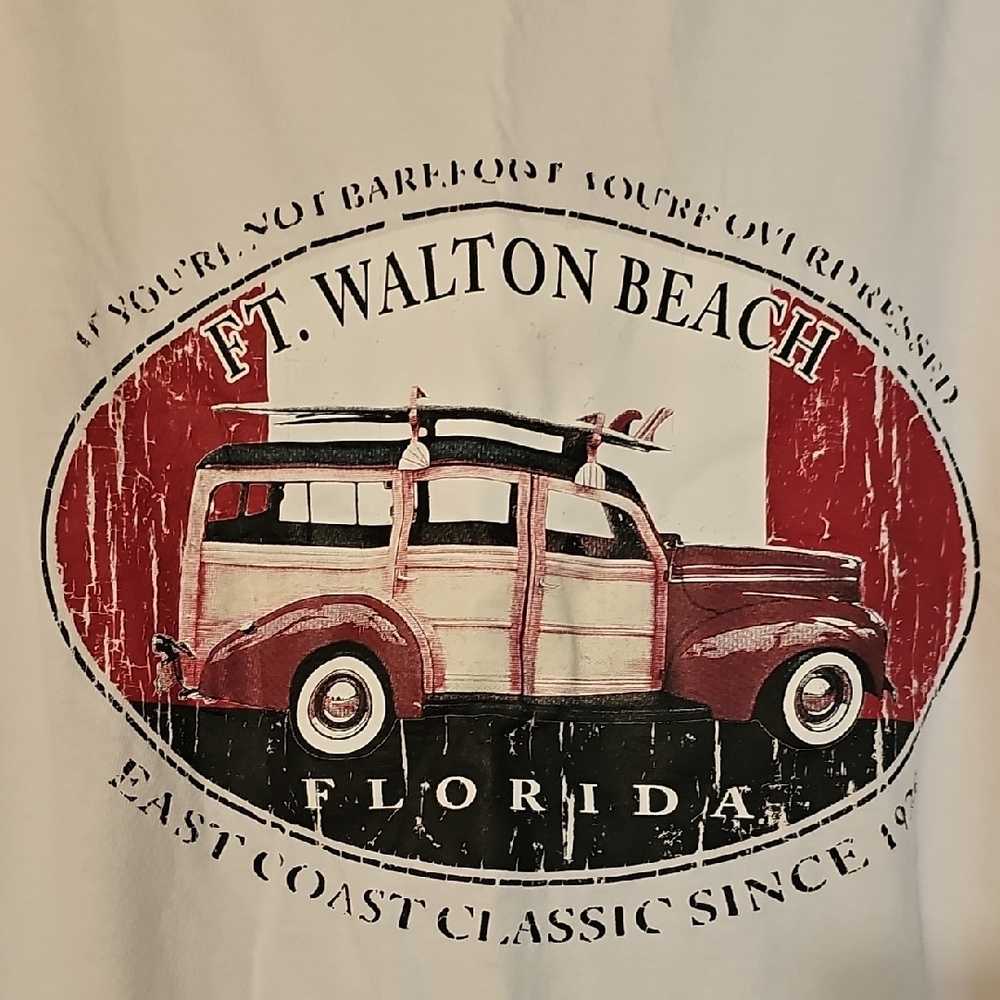 Red and White Long Sleeve Tee with Vintage Surf Graphic